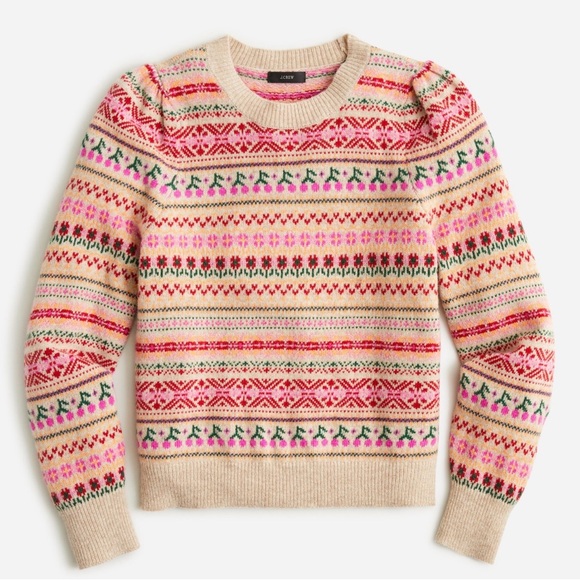 J. Crew Sweaters - J. Crew Cream Fair Isle Crewneck Sweater with Pink, Red & Green Accents